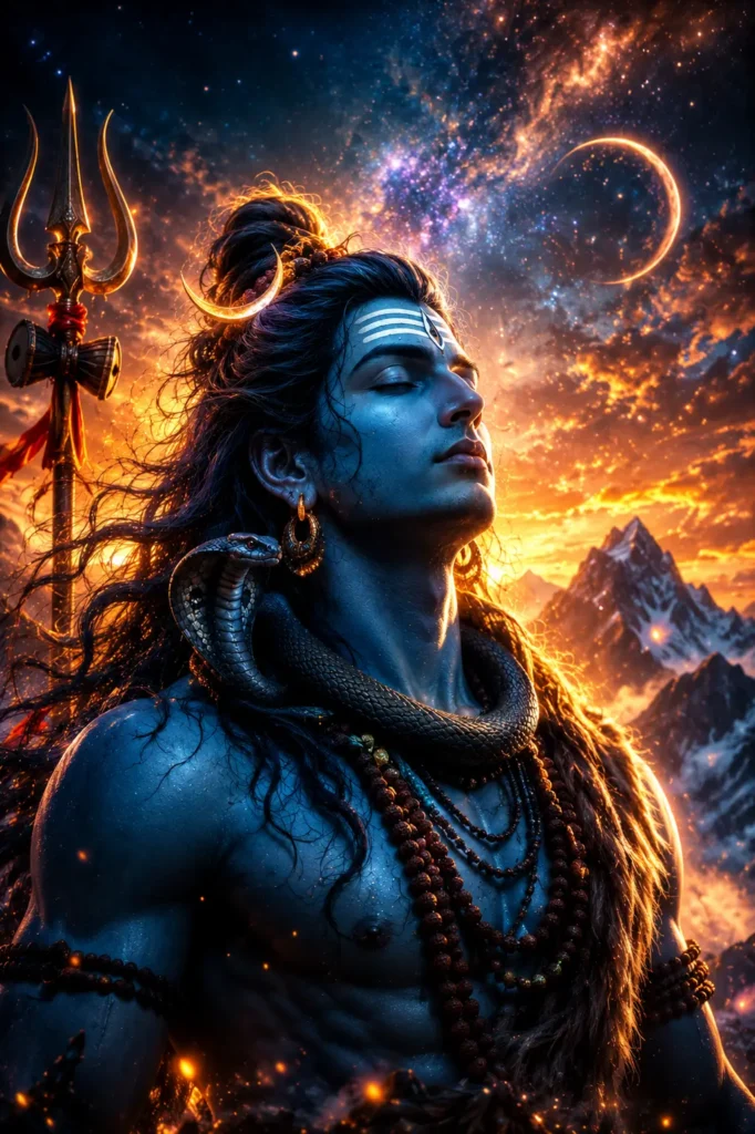 Lord Shiva with Trishul, crescent moon, serpent, and cosmic Himalayan background in ultra HD spiritual artwork.