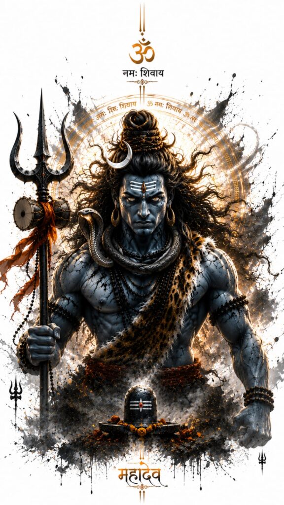 Rudra Lord Shiva with Trishul, Shivling, serpent necklace, and intense divine energy in spiritual artwork.