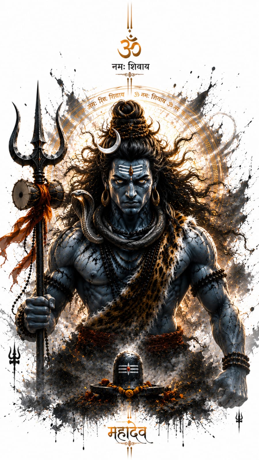 Rudra Lord Shiva with Trishul, Shivling, serpent necklace, and intense divine energy in spiritual artwork.