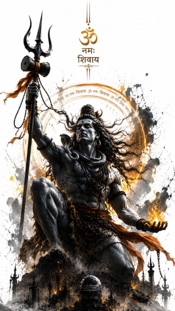 Lord Shiva holding a Trishul with sacred fire, divine aura, and spiritual symbols in a powerful artwork.