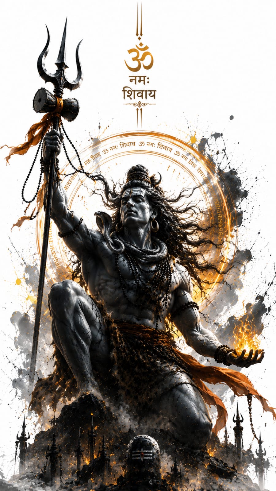 Lord Shiva holding a Trishul with sacred fire, divine aura, and spiritual symbols in a powerful artwork.
