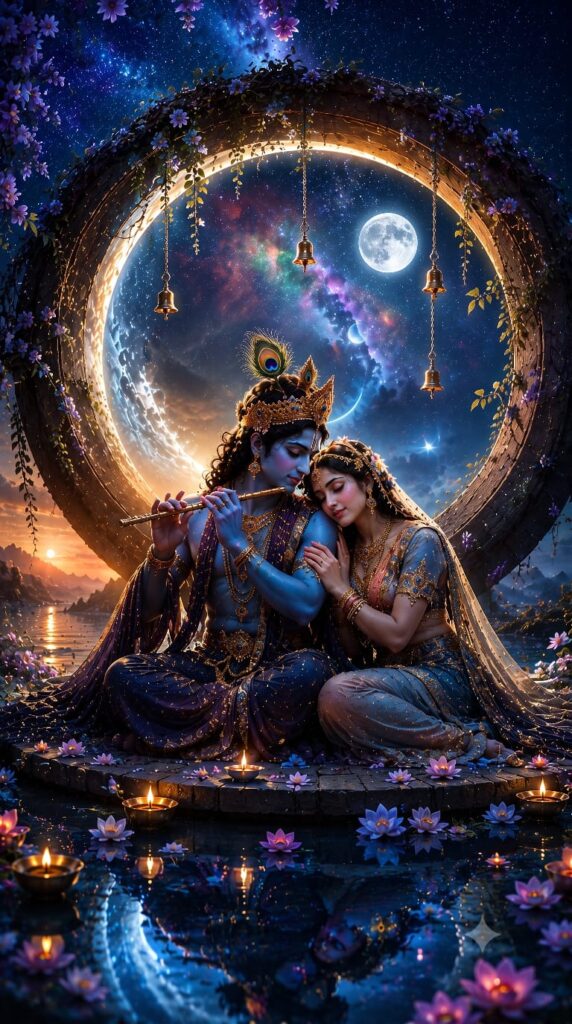Radha-krishna-wallpaper featuring Radha and Lord Krishna under a celestial moonlit arch with lotus flowers and glowing lamps.
