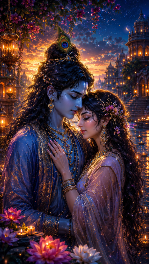 Radha-krishna-wallpaper featuring Radha and Lord Krishna embracing beside a moonlit river with glowing lanterns and lotus flowers.