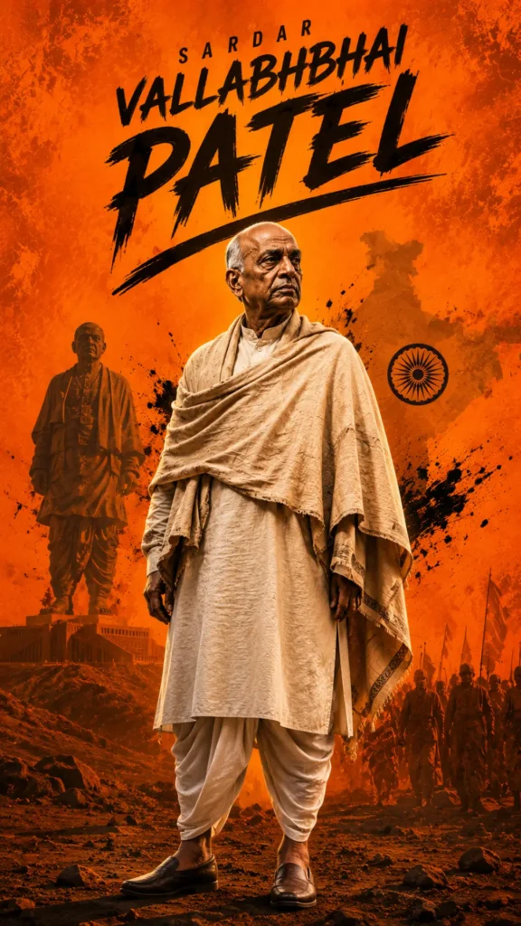 All-freedom-fighters-images wallpaper featuring Sardar Vallabhbhai Patel with a patriotic saffron background in HD.