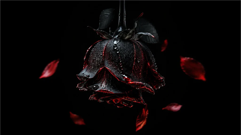 Black rose flower with red highlights and water droplets surrounded by floating red petals on a dark AMOLED 4K background.