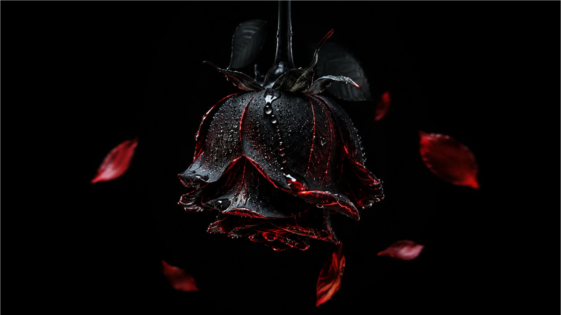 Black rose flower with red highlights and water droplets surrounded by floating red petals on a dark AMOLED 4K background.
