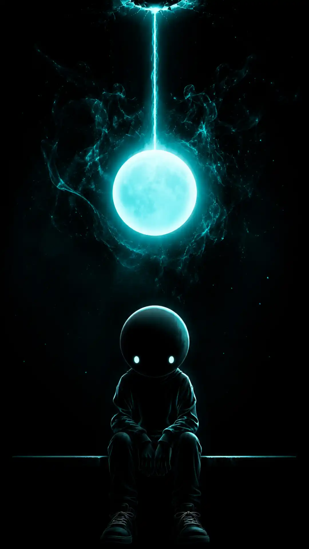 Glowing cyan moon above a mysterious dark figure surrounded by blue energy on a black AMOLED background.