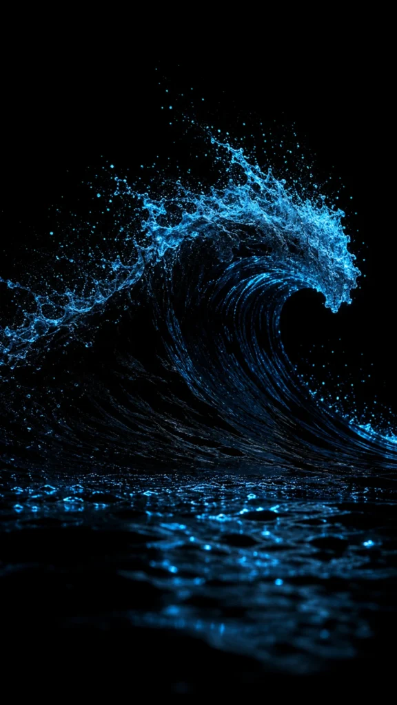 Electric blue ocean wave splashing dramatically against a pure black AMOLED background.