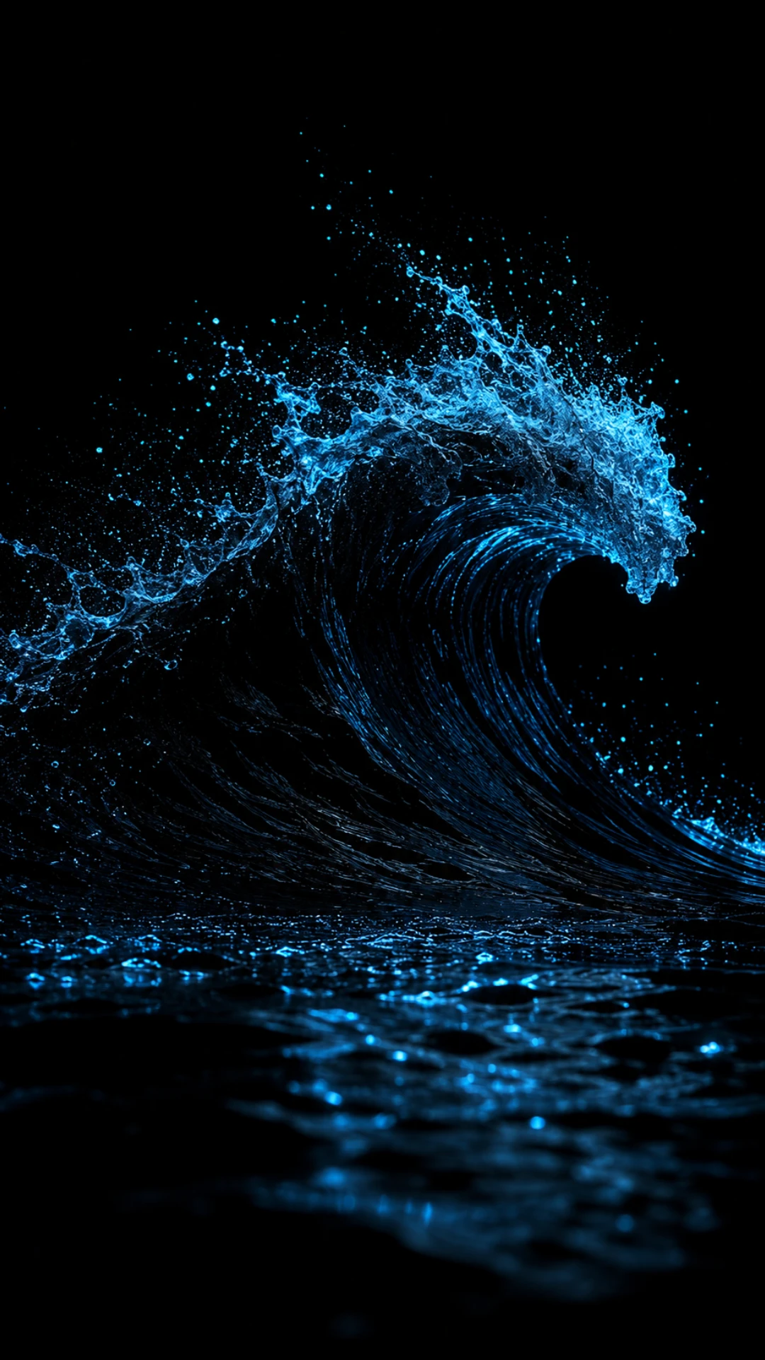 Electric blue ocean wave splashing dramatically against a pure black AMOLED background.