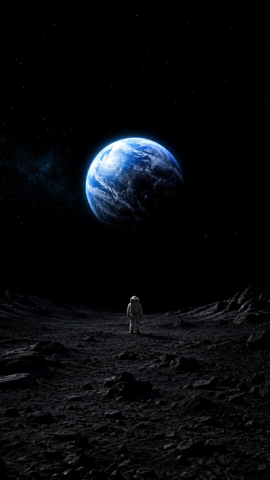 Lone astronaut standing on a dark rocky alien surface beneath a glowing blue Earth surrounded by stars.