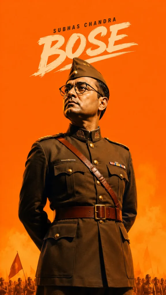 Freedom-fighters-wallpaper HD featuring Subhas Chandra Bose in military uniform with a patriotic saffron background.