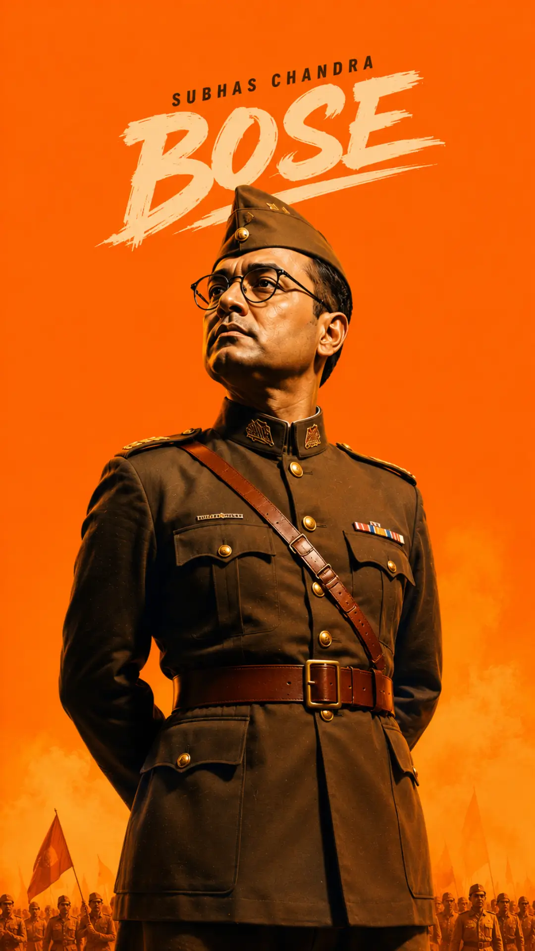 Freedom-fighters-wallpaper HD featuring Subhas Chandra Bose in military uniform with a patriotic saffron background.
