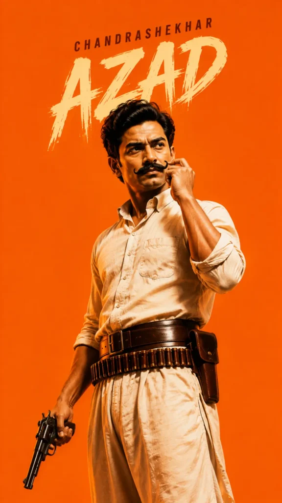 Freedom-fighters-wallpaper featuring Chandrashekhar Azad in a patriotic HD portrait with a saffron background.