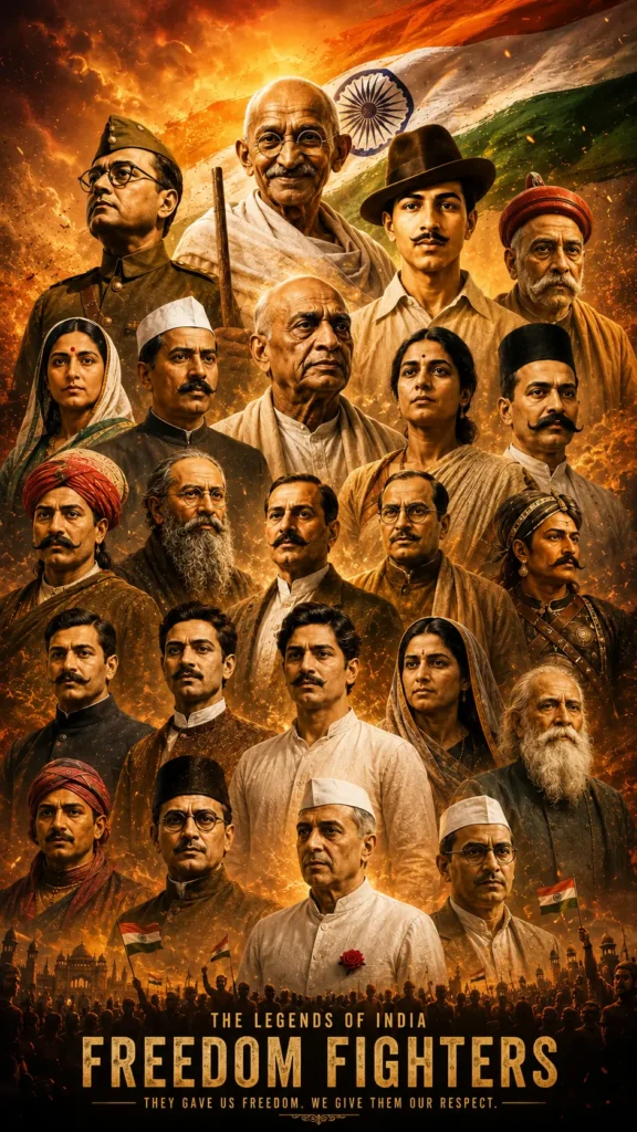 Freedom-fighters-wallpaper featuring iconic Indian freedom fighters with the Indian flag in HD quality.