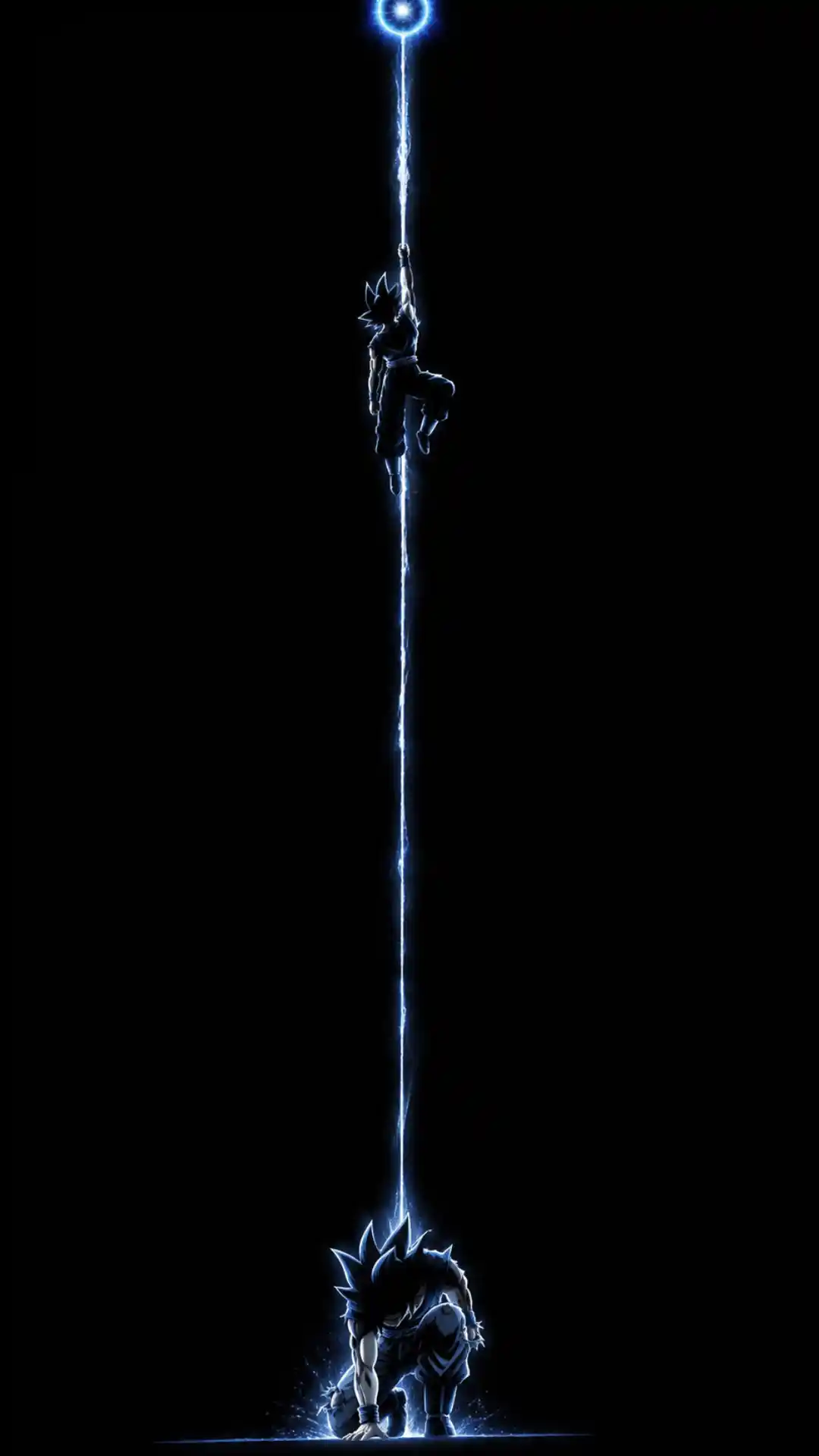 Goku surrounded by glowing blue-white energy on a pure black background in a minimalist AMOLED wallpaper.
