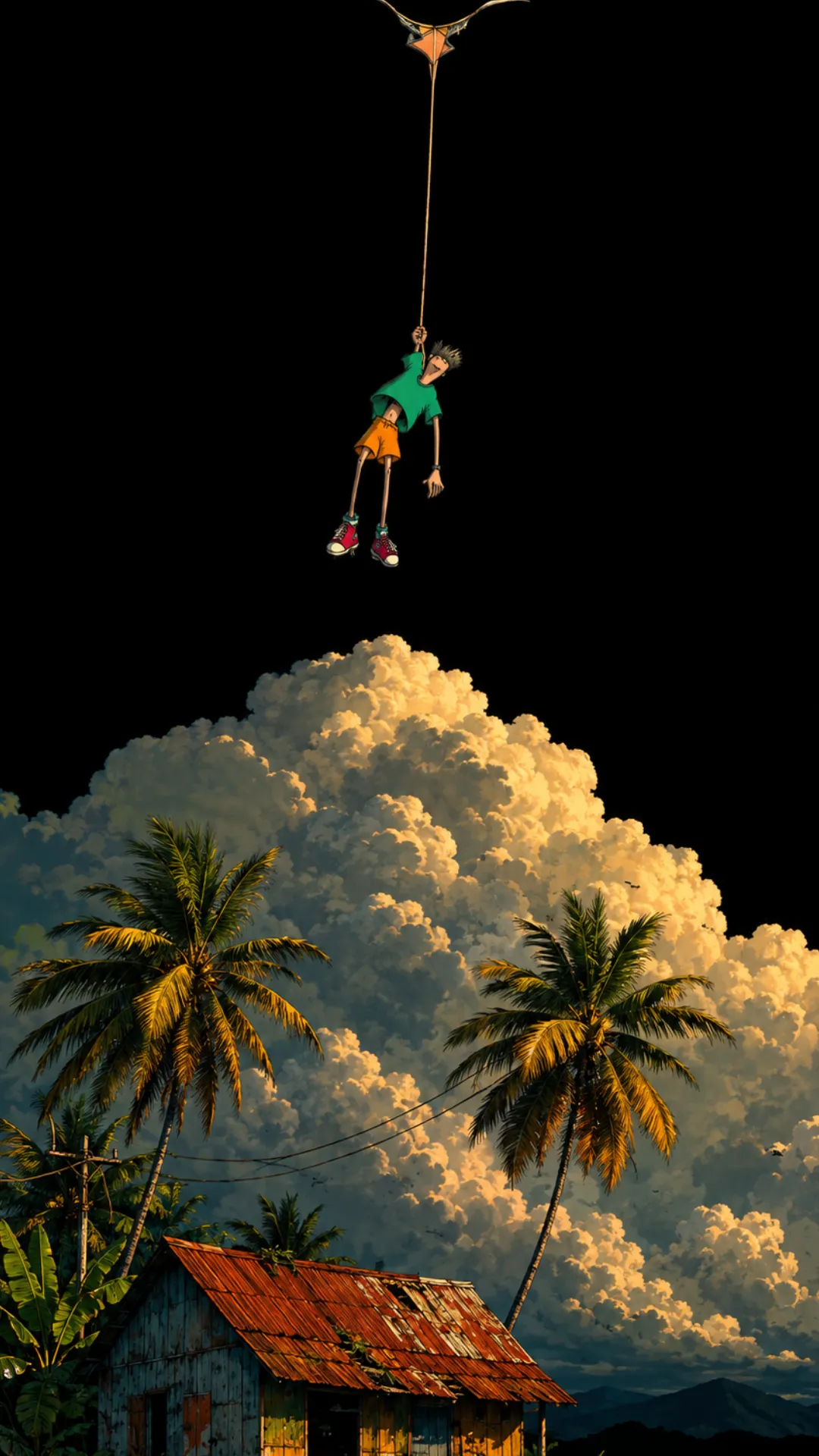 Gon Freecss hanging from a rope above a tropical village with golden clouds and palm trees.