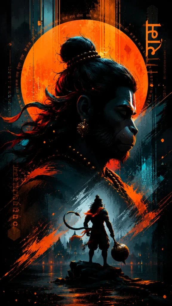 hanuman-wallpaper featuring Lord Hanuman with an orange sun and powerful warrior silhouette