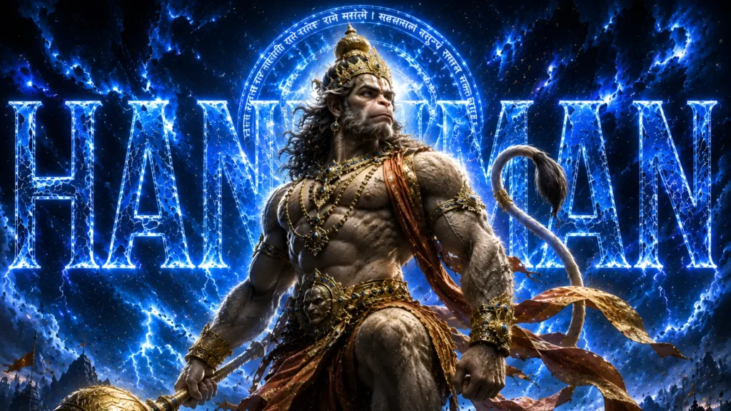hanuman-wallpaper featuring Lord Hanuman with blue cosmic energy and a divine glowing aura