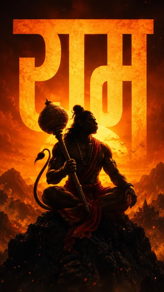 hanuman-wallpaper featuring Lord Hanuman with his gada against a glowing orange sunset and mountains