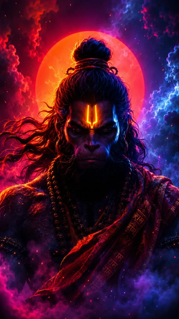 hanuman-wallpaper featuring Lord Hanuman with a glowing tilak and vibrant cosmic red and blue background