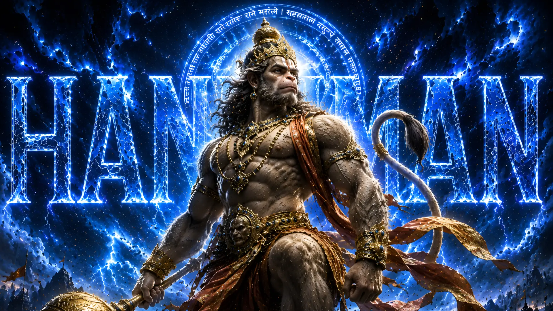 hanuman-wallpaper featuring Lord Hanuman with blue cosmic energy and a divine glowing aura