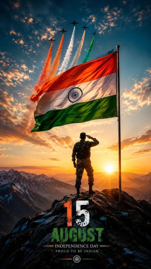 Independence-day-wallpaper featuring an Indian soldier saluting the national flag with fighter jets and tricolor trails.