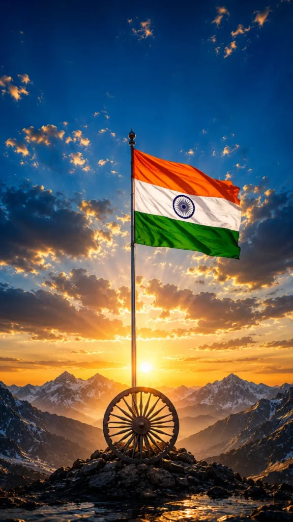 Indian-flag-wallpaper featuring the Indian national flag, Ashoka Chakra, mountain landscape, and golden sunrise.
