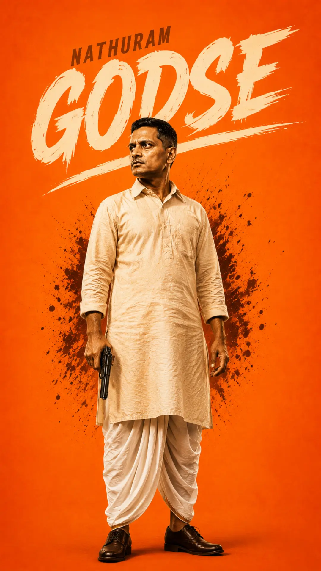 Indian-freedom-fighters-images style portrait of Nathuram Godse with a saffron background in HD quality.