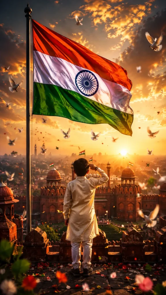 Indian-independence-day-wallpaper featuring the Indian flag, a child saluting, Red Fort, flying doves, and a golden sunset.