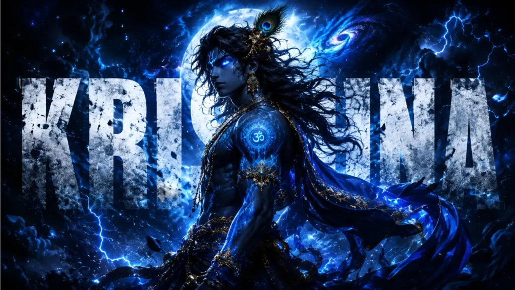Krishna Wallpaper 4K featuring a divine blue cosmic Krishna with peacock feather, moon and lightning