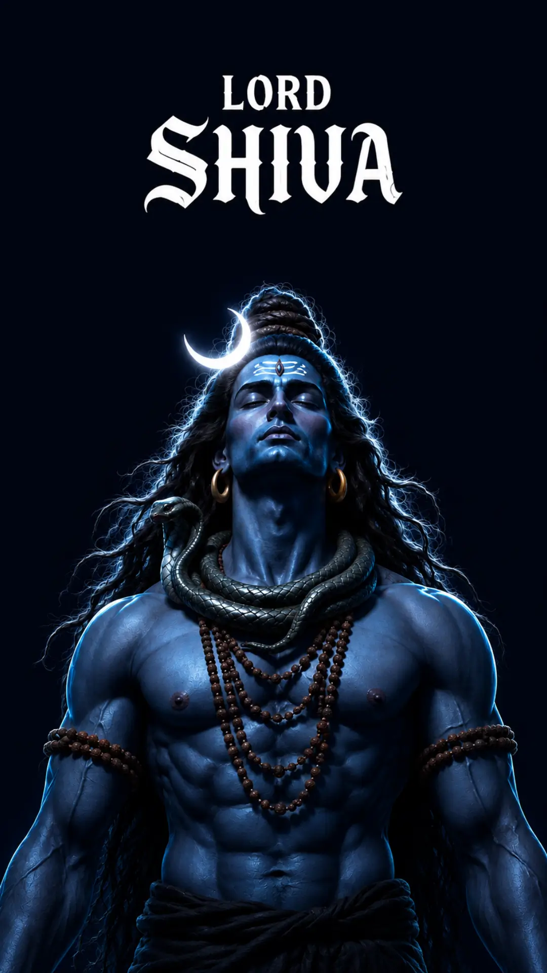 Lord Shiva meditating with a glowing blue aura, crescent moon, serpent, Rudraksha beads, and dark AMOLED background.