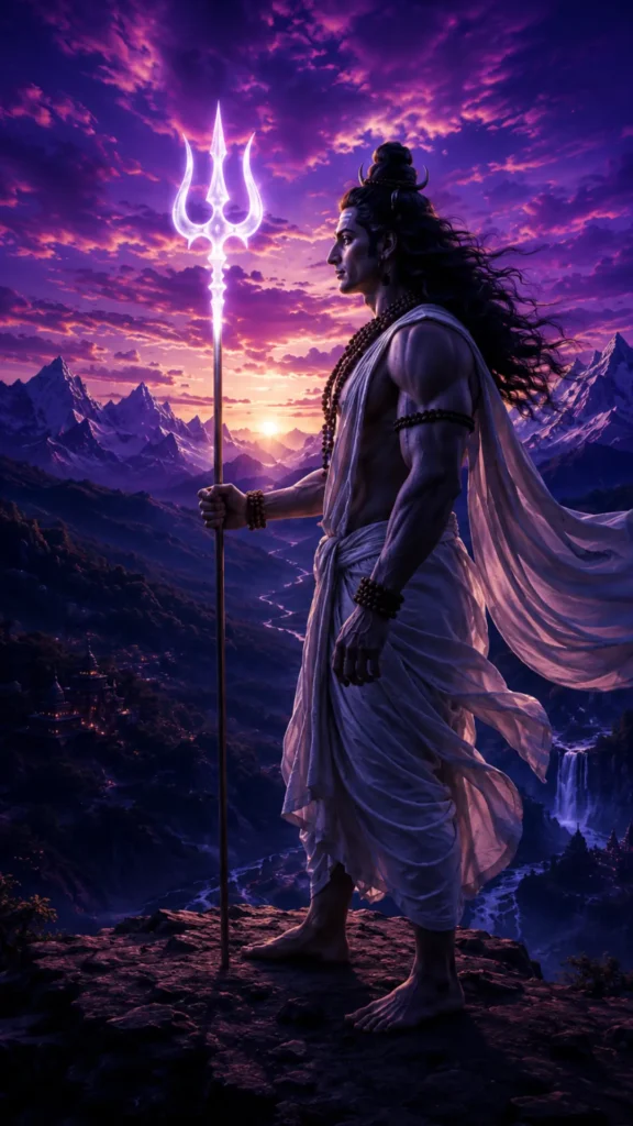 Lord Shiva standing on a mountain with a glowing Trishul, Himalayan landscape, and vibrant sunset sky.