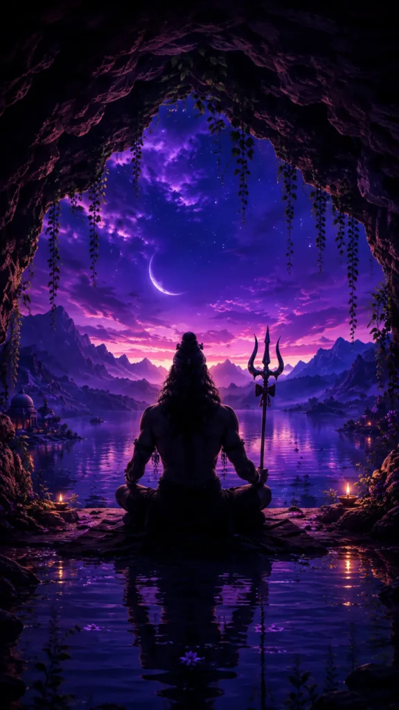 Lord Shiva meditating by a moonlit lake with Trishul, cave entrance, mountains, and a purple night sky.