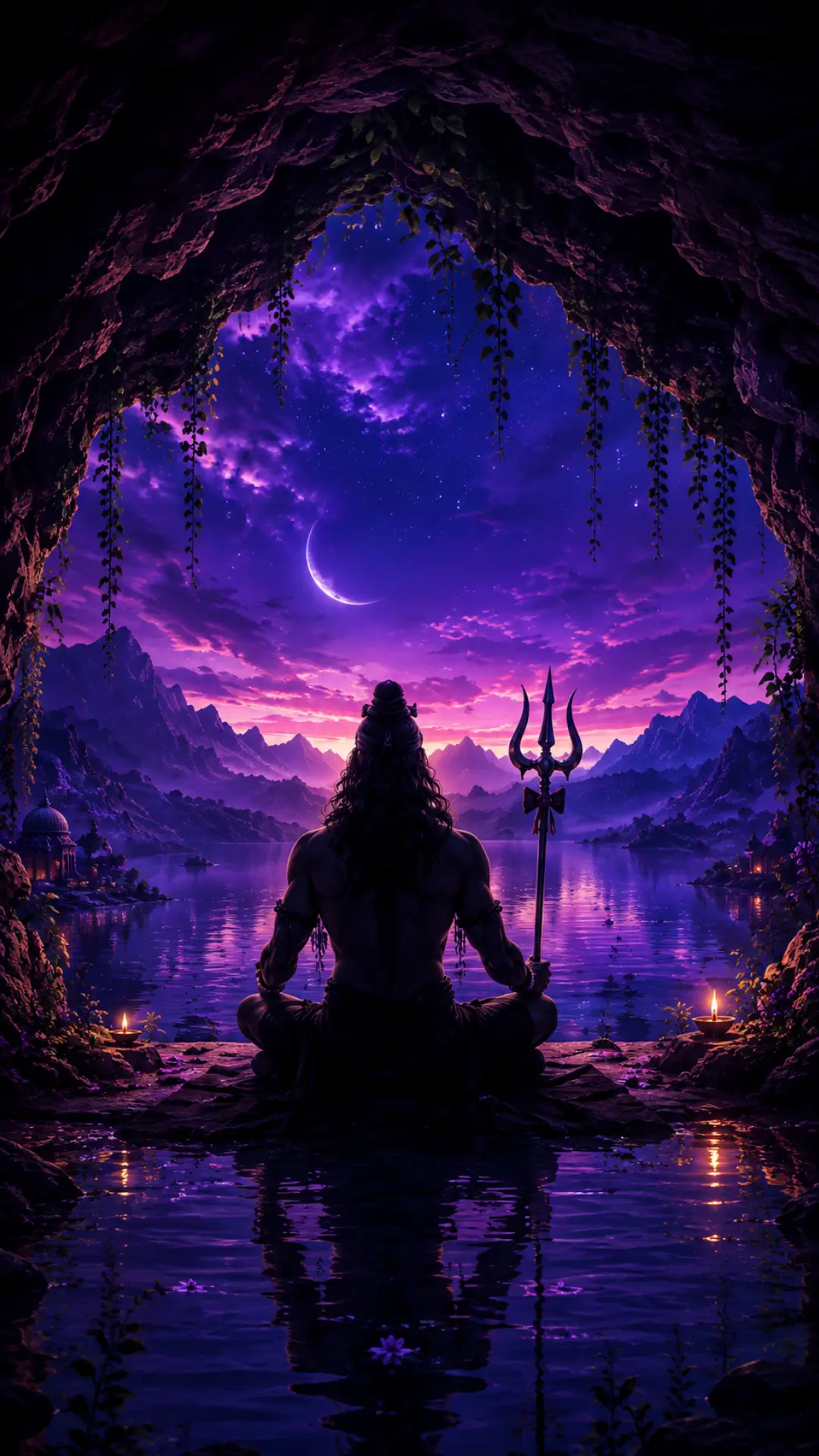 Lord Shiva meditating by a moonlit lake with Trishul, cave entrance, mountains, and a purple night sky.