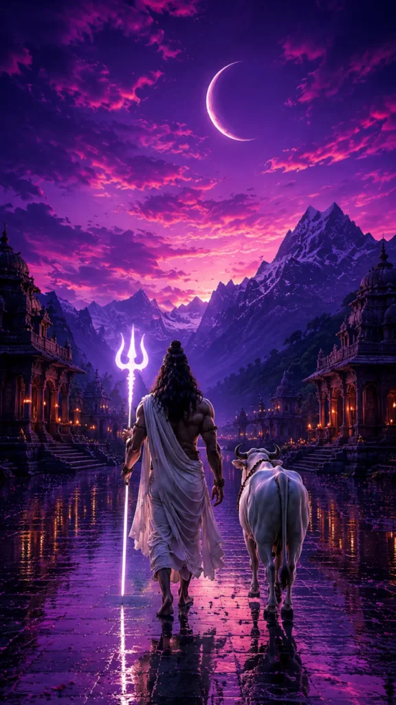 Lord Shiva walking with Nandi under a crescent moon, glowing Trishul, temples, and Himalayan mountains at twilight.