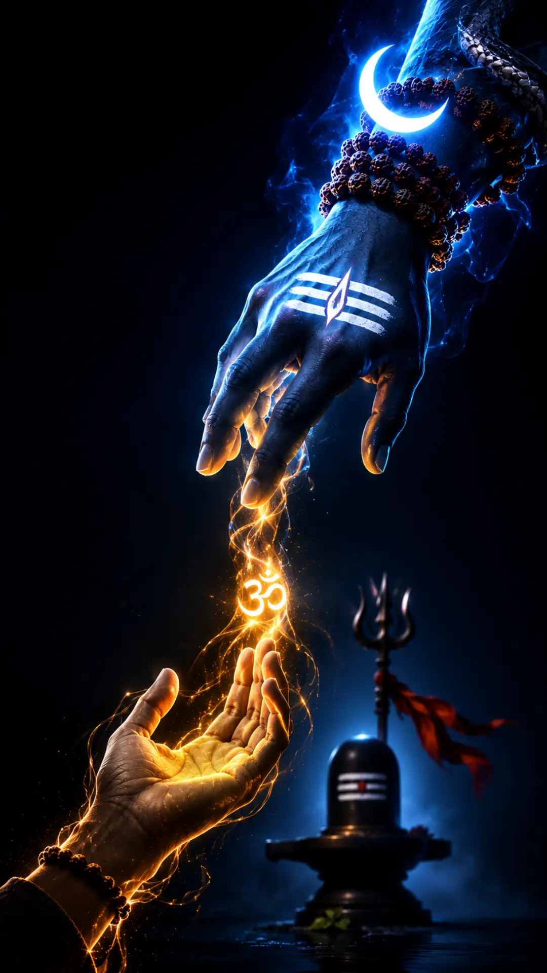 Divine Mahadev hand with glowing Om symbol, Rudraksha beads, Shivling, and Trishul in a dark blue spiritual background.