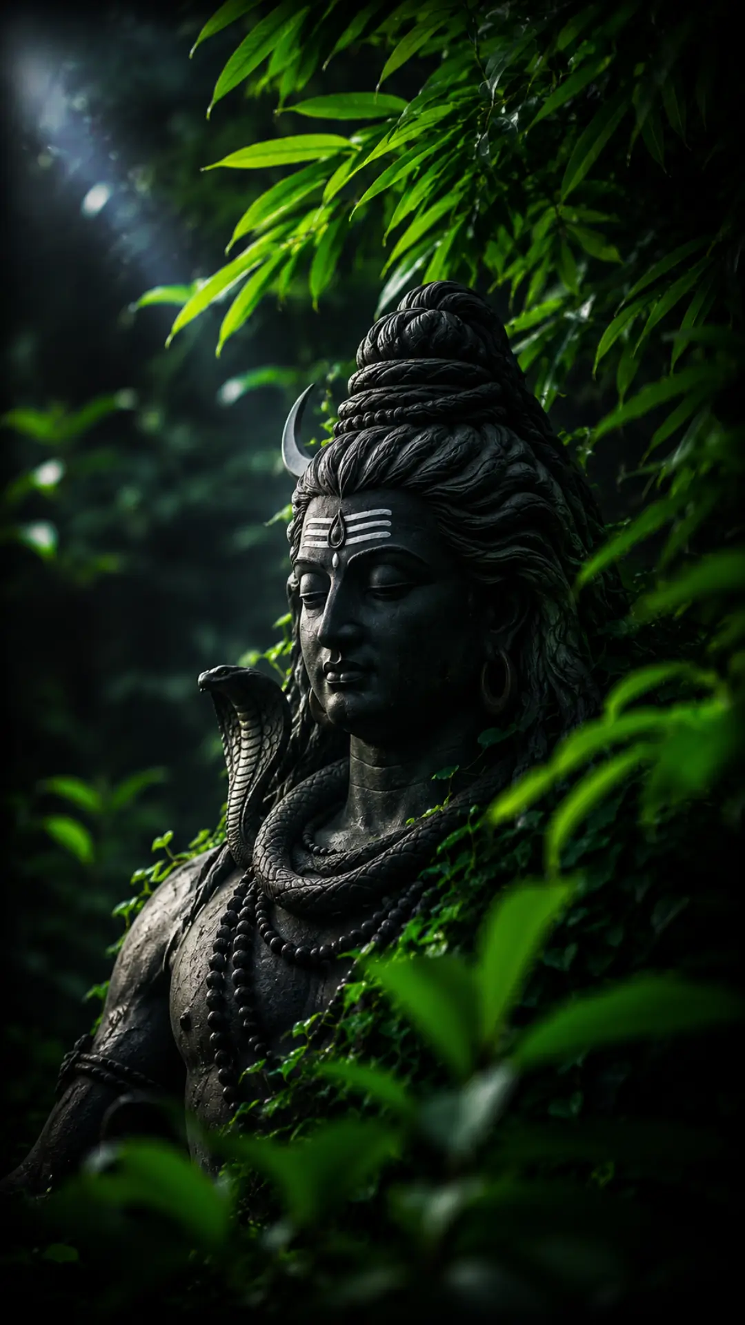 Mahadev meditating peacefully in a lush green forest with crescent moon, sacred markings, serpent, and Rudraksha beads.