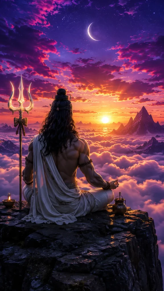 Lord Shiva meditating on a mountain above the clouds with Trishul, sunset sky, and crescent moon.