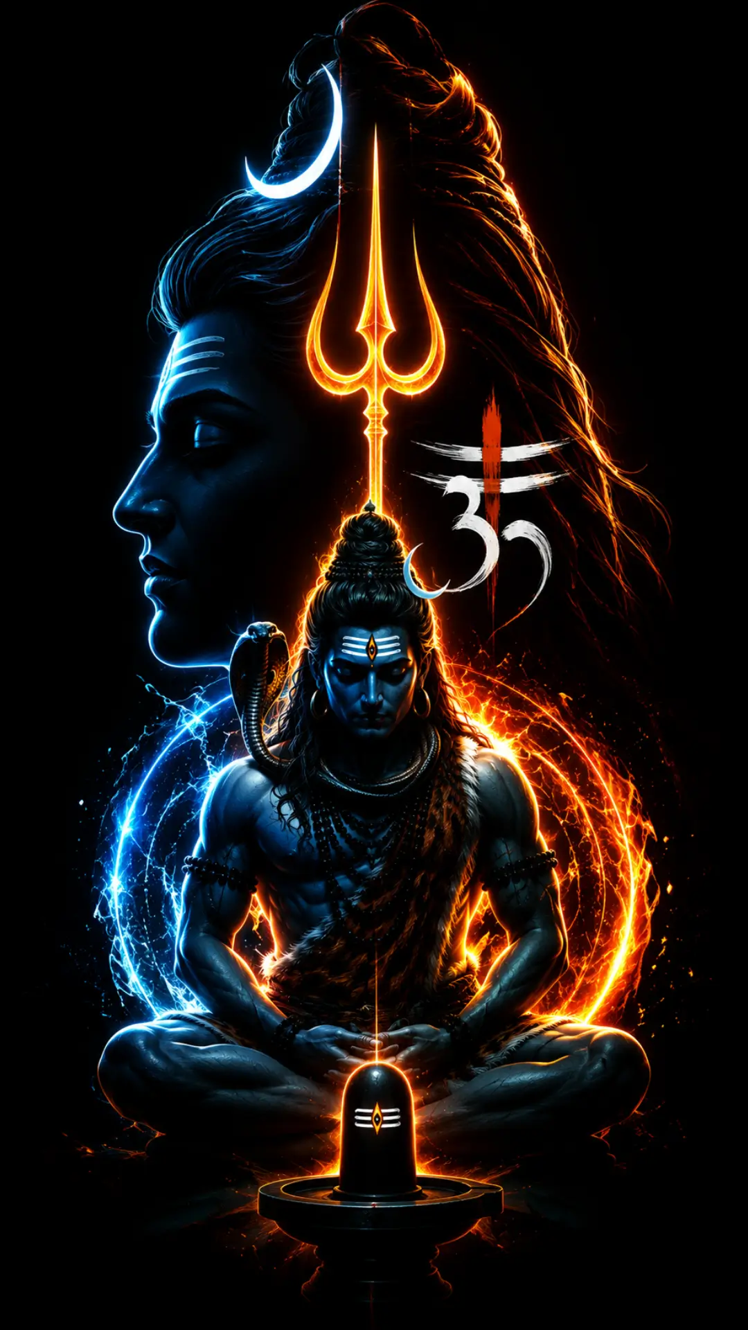 Mahadev wallpaper HD 4K showing Shiva meditating with glowing Trishul, Om symbol, Shivling, and blue orange aura.