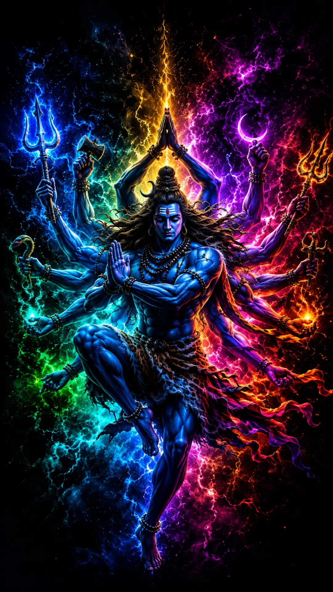 Mahadev Wallpaper HD 4K showing Shiva in a powerful cosmic form surrounded by colorful divine energy and Trishuls.
