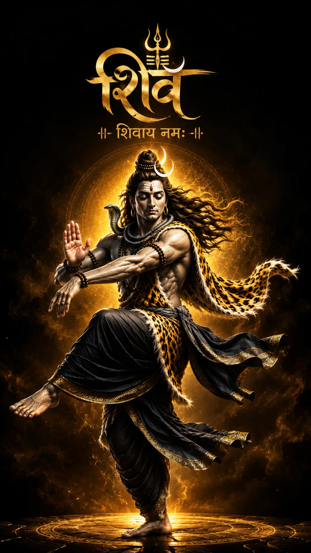 Mahadev Wallpaper HD 4K showing Lord Shiva in Nataraja dance pose with golden aura and sacred symbols.