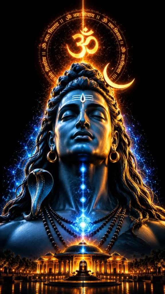 Mahadev Wallpaper HD 4K with Lord Shiva, glowing Om symbol, crescent moon, serpent, temple, and blue golden aura.