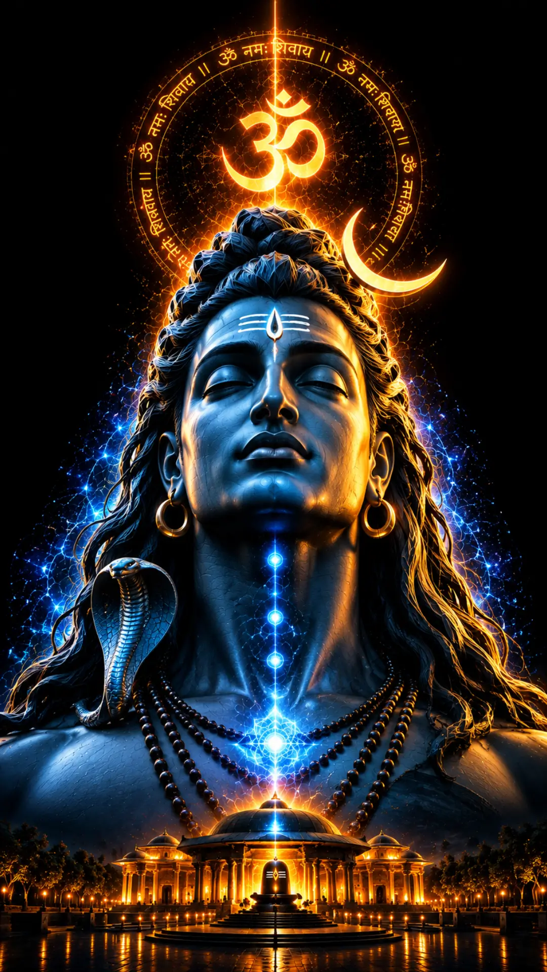 Mahadev Wallpaper HD 4K with Lord Shiva, glowing Om symbol, crescent moon, serpent, temple, and blue golden aura.