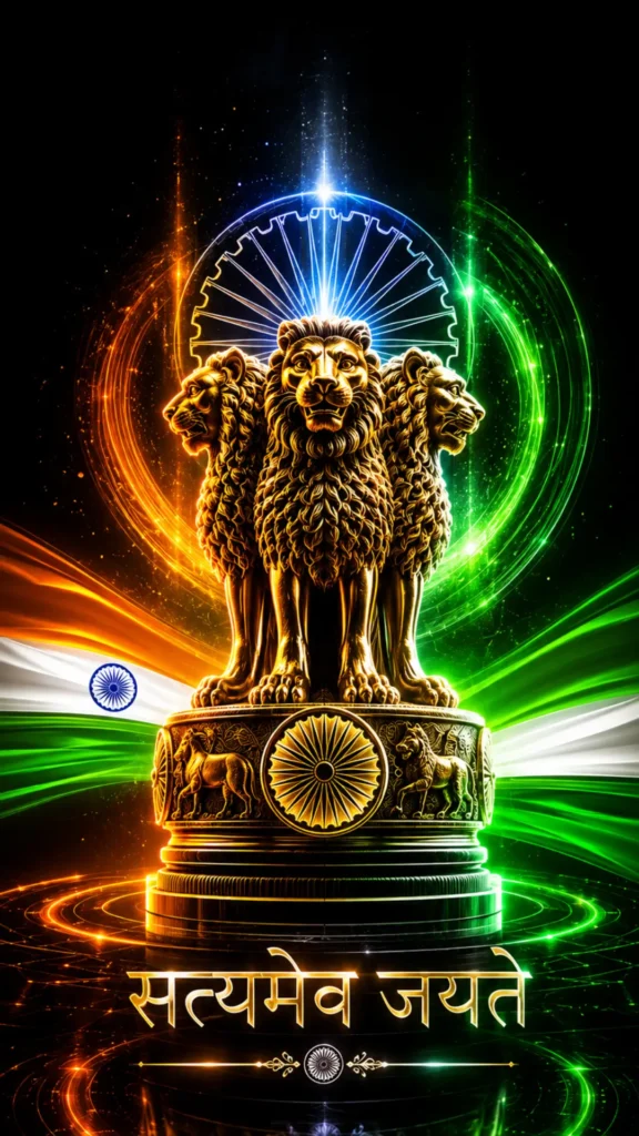 National-emblem-of-india-wallpaper featuring the Lion Capital of Ashoka with glowing Indian tricolor effects and Satyamev Jayate.