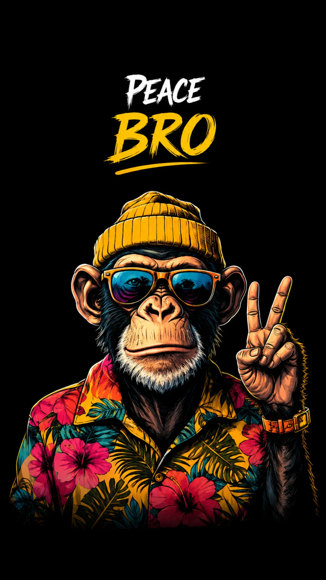 Funny monkey wearing sunglasses and yellow beanie with a peace sign and Peace Bro text on black background.