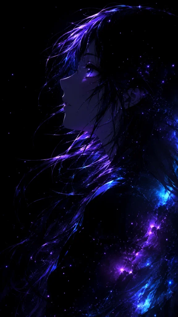 Anime girl with flowing dark hair illuminated by purple and blue galaxy light against a black starry AMOLED background.