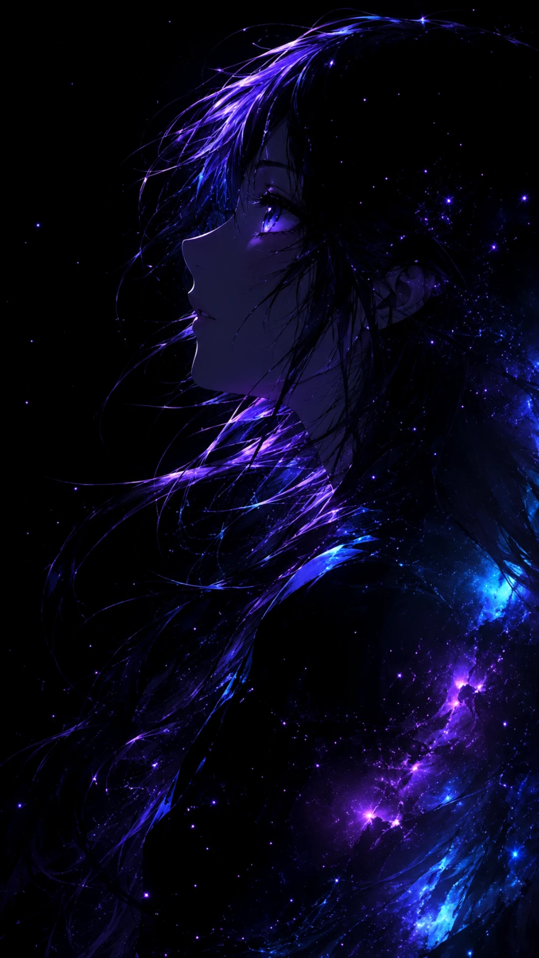 Anime girl with flowing dark hair illuminated by purple and blue galaxy light against a black starry AMOLED background.