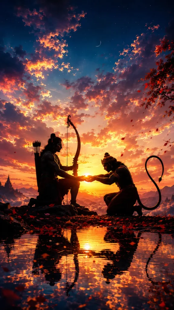 ram-hanuman-wallpaper showing Lord Ram and Hanuman at sunset with a glowing sky and mountain landscape