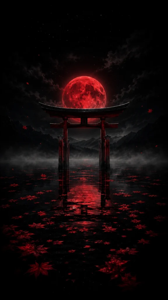 Glowing red full moon behind a Japanese Torii gate over dark misty water with floating red maple leaves.