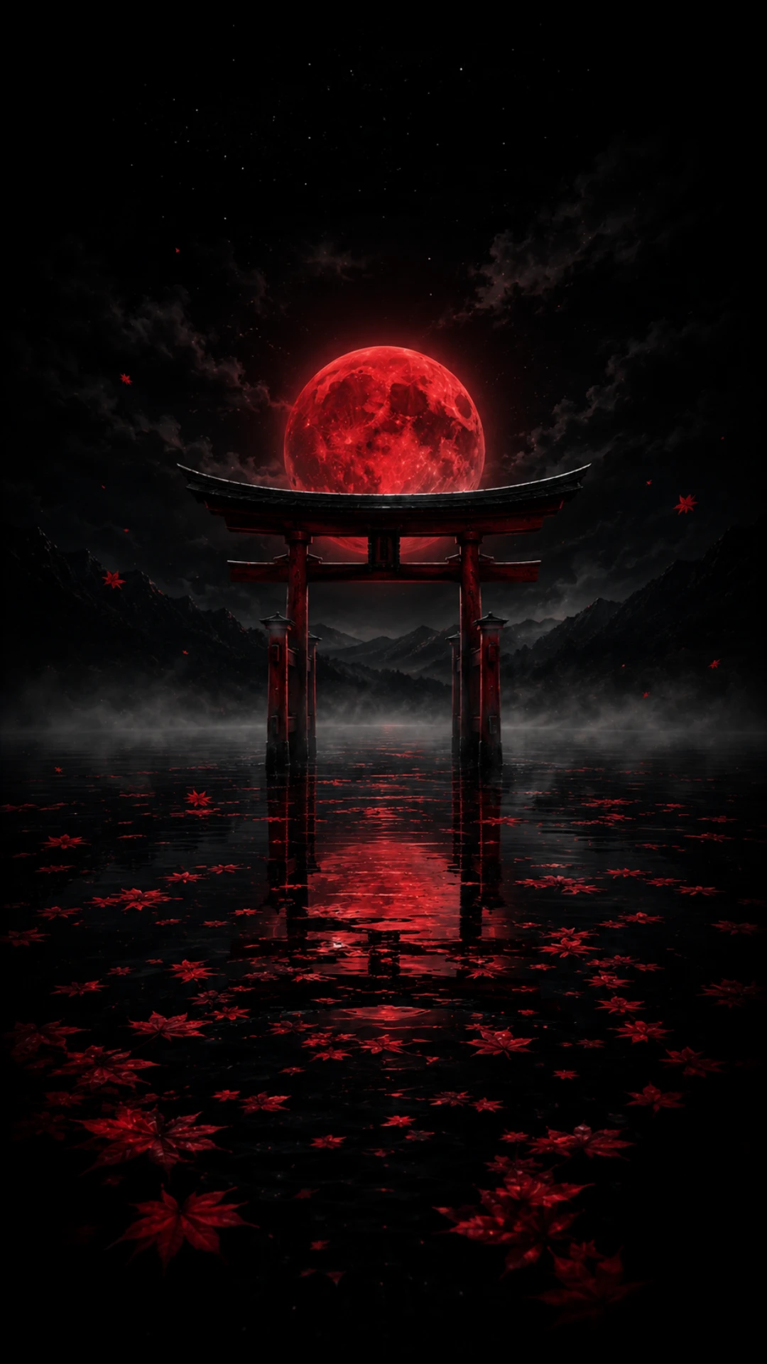 Glowing red full moon behind a Japanese Torii gate over dark misty water with floating red maple leaves.